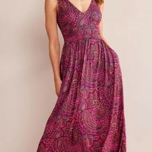 Boden Pink Black Paisley Sleeveless Jersey Maxi Dress Vneck Red Burgundy Sz12